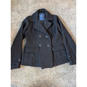 American Eagle Womens Black Wool Blend Double Breasted Pea Coat Plaid Lining M